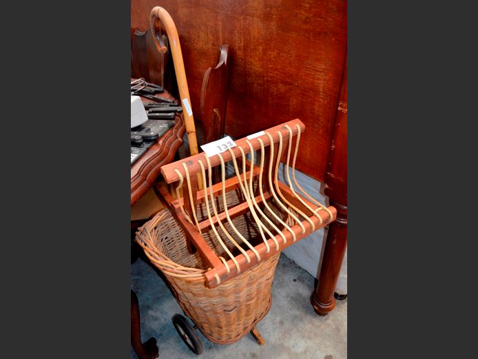 CANE & WICKER SHOPPING TROLLEY BASKET & A FOLDING RIEMPIE STOOL