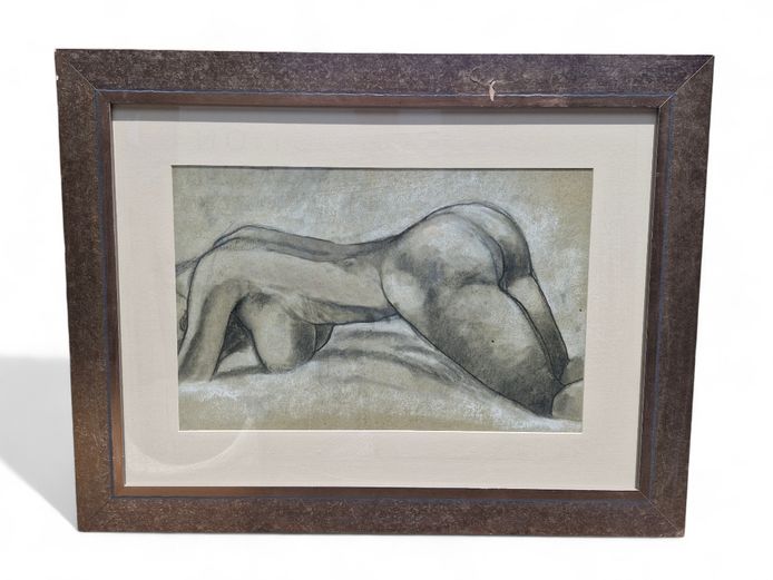Large Framed Nude Art with Glass Panel