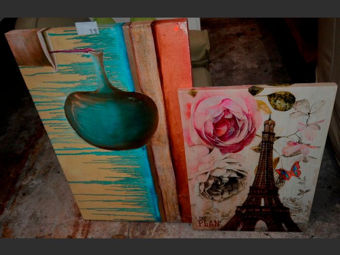 FRAMED PRINT ON CANVAS "PARIS", 70 x 50cm, & AN UNFRAMED MIXED MEDIA ON CANVAS "VASE", 90 x 60cm