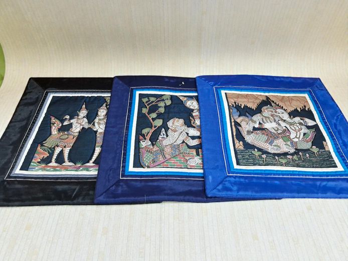 Set of 3 Vintage Thai Kalaga Embroidered Silk Pillow Cases