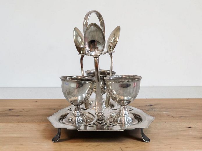 Vintage Silver-Plated 3-Cup Egg Cruet Set with Spoons