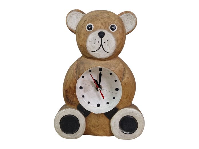 Charming Handcrafted Wooden Teddy Bear Battery-Operated Desk Clock