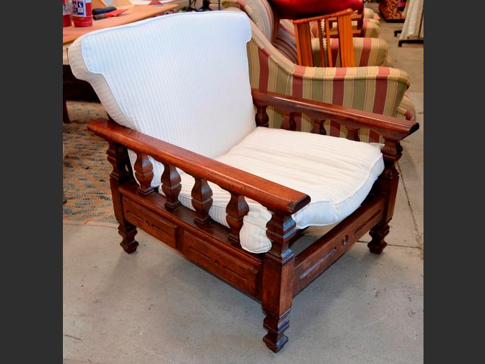 TEAK ARMCHAIR WITH CREAM CUSHIONS [Stained]