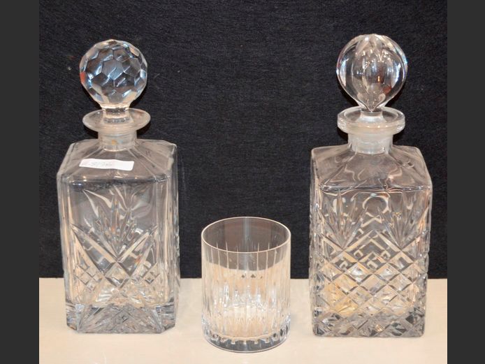 LOT: 2 x CUT GLASS DECANTERS WITH STOPPERS, 25cm High, & A TUMBLER