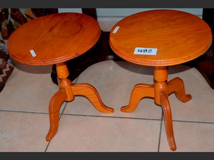 PAIR OAK CIRCULAR SIDE TABLES, 35cm Diameter x 41cm High [Top stained to 1]
