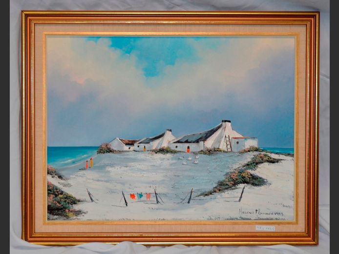 GILT FRAMED OIL ON BOARD "COTTAGES" SIGNED HELENA MOMMEN, 58.5 x 43.5cm