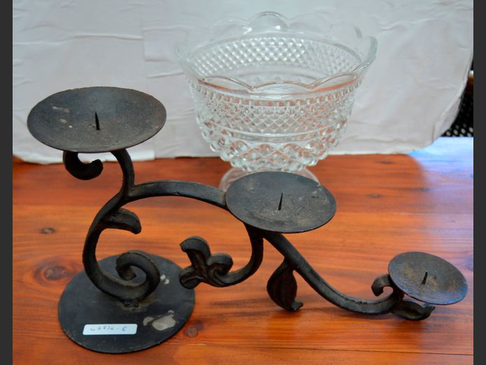 VINTAGE ANCHOR HOCKNEY WEXFORD CUT GLASS FOOTED PEDESTAL BOWL & A WROUGHT IRON CANDLE STAND, 20cm Diameter x 18cm High & 35 x 13 x 19cm