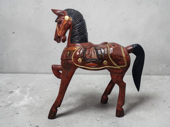 Large Hand Painted Carved Wooden Horse Figurine