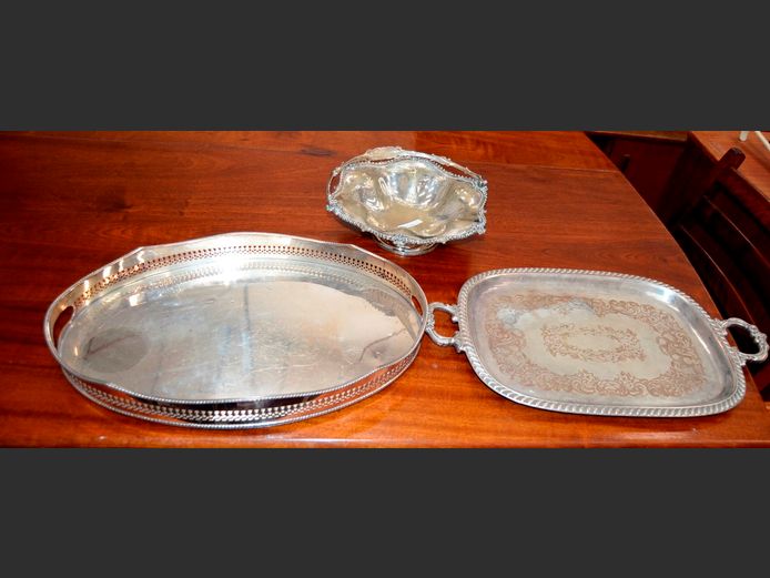 SILVER PLATE PIERCED OVAL TRAY, SILVER PLATE SWEETS BASKET, etc