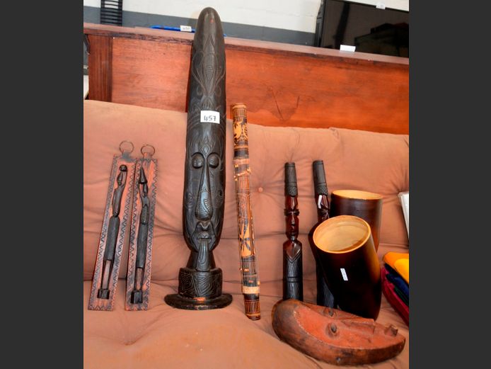 AFRICAN MASKS, CARVED AFRICAN ORNAMENTS, etc