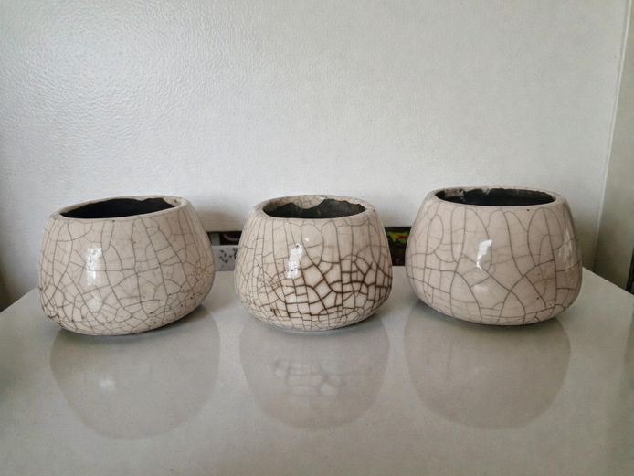 Designer Set of Three Crackle Glaze Ceramic Planters