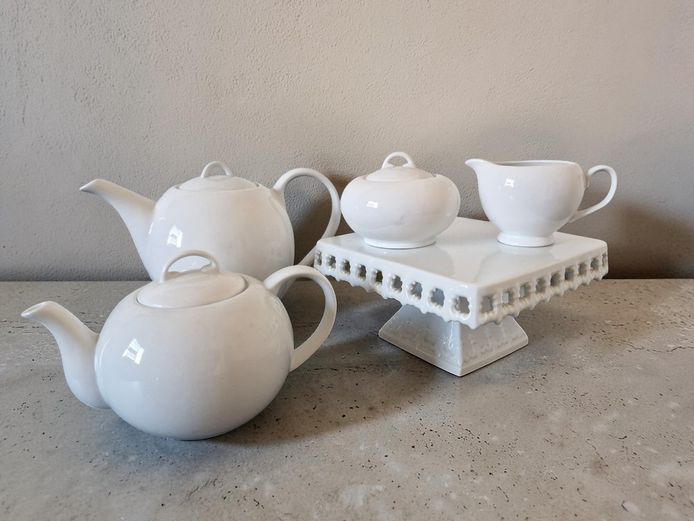 Elegant White Porcelain Tea Service & Pedestal Cake Stand Collection