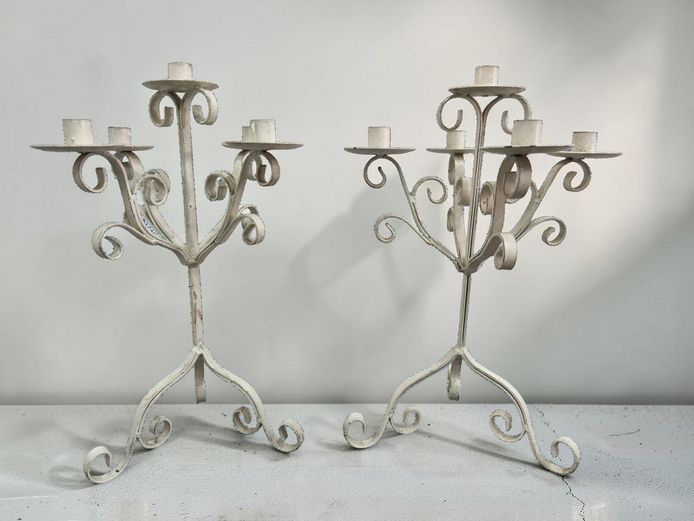 Pair of Shabby Chic Wrought Iron 5-Light Candelabras – Cream Finish