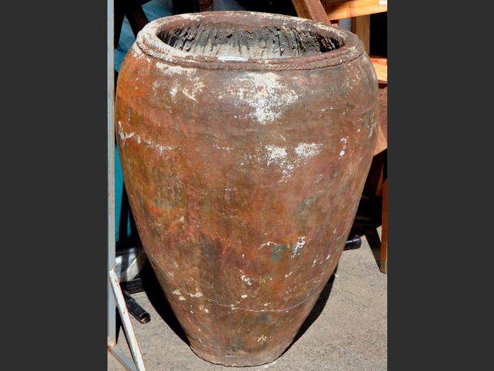 LARGE BROWN CONCRETE PLANTER, 65cm Diameter x 87cm High [Cracked]