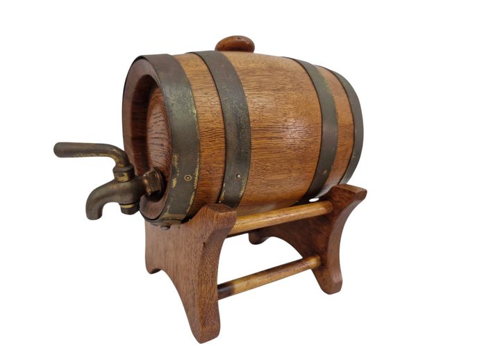 Vintage Oak & Brass Miniature Spirit Barrel with Trestle Stand
