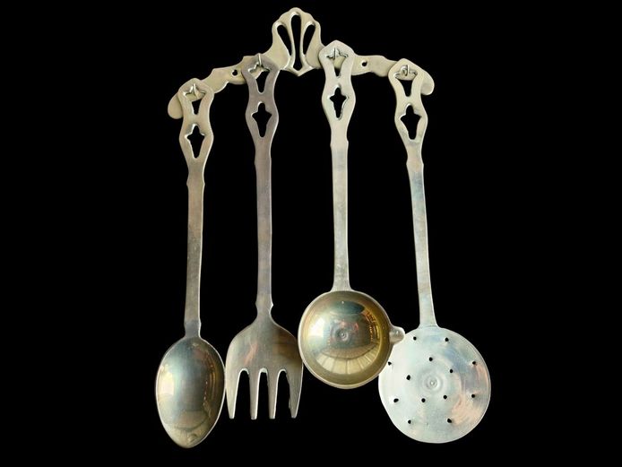 Vintage Brass Kitchen Utensils on Wall Mounted Rail