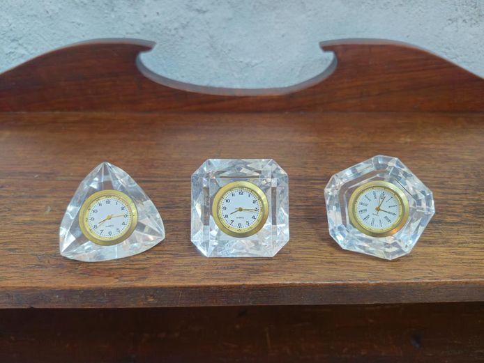 Trio of Vintage Cut-Faux Crystal Miniature Desk Clocks