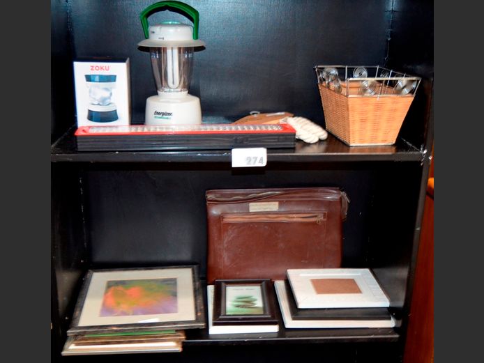 LOT ON 2 SHELVES: RECHARGEABLE LANTERN, PHOTO FRAMES, ICE MOULDS, ZOKU JACK, etc