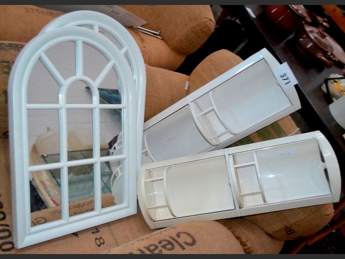 PAIR WHITE FRAMED ARCHED MIRRORS, 56 x 38cm [Damage to 1] & PAIR CORNER BATHROOM SHELVES, 21 x 14.5 x 57cm [16,25]