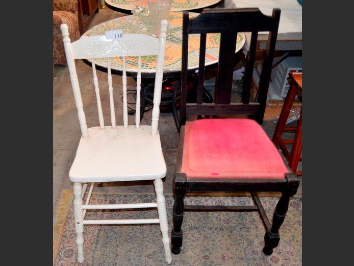 BLACK DINING CHAIR & A WHITE PAINTED SPINDLE BACK CHAIR