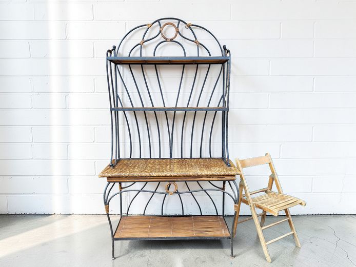 Large Wrought Iron and Woven Rattan Baker's Rack