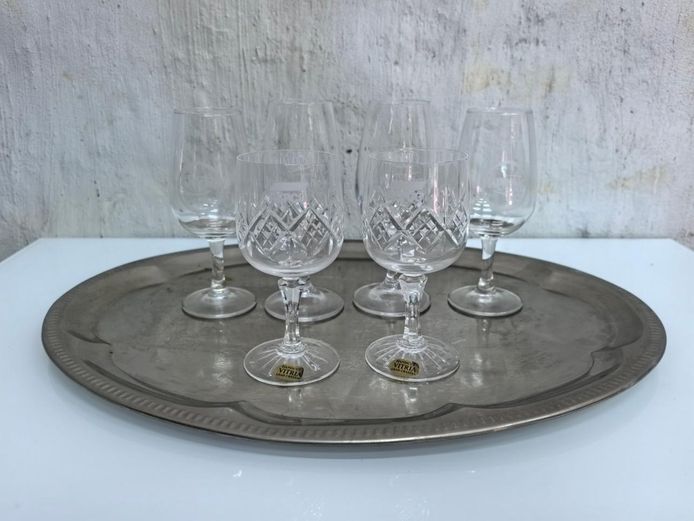 Vintage Crystal & Glassware on Oval Etched Silver Plated Serving Tray