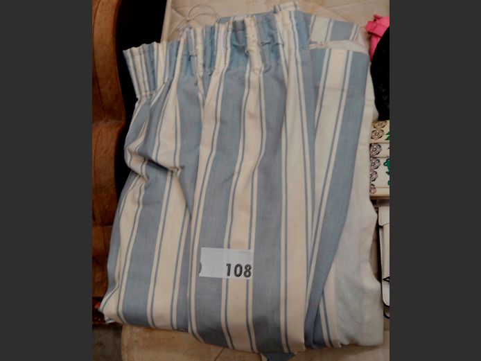 PAIR BLUE & WHITE STRIPED CURTAINS