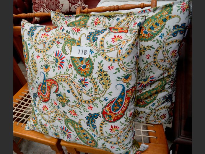 PAIR PAISLEY PATTERNED SCATTER CUSHIONS, 55 x 55cm