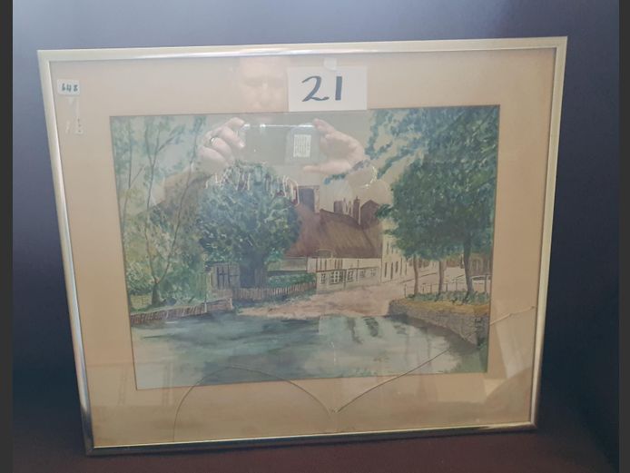 Framed Watercolour "Country House" [Glass Damaged]