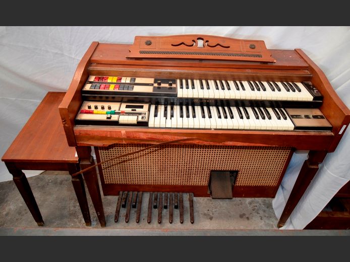 LOWRY ORGAN, 114 x 58 x 90cm WITH STOOL, 60 x 34 x 56cm [Switches on, untested further]
