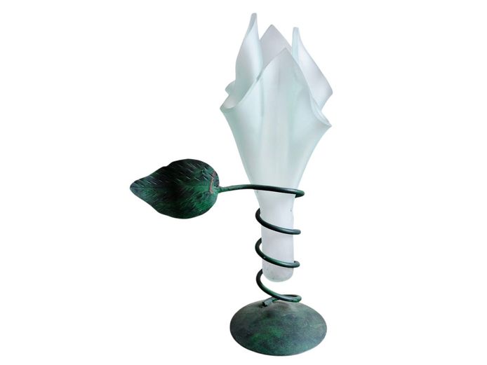 Vintage White Frosted Flower Vase in Wrought Iron Stand