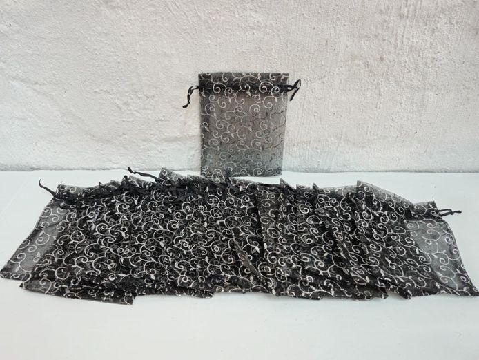 Lot of Black Organza Drawstring Bags with Silver Glitter Swirl Pattern
