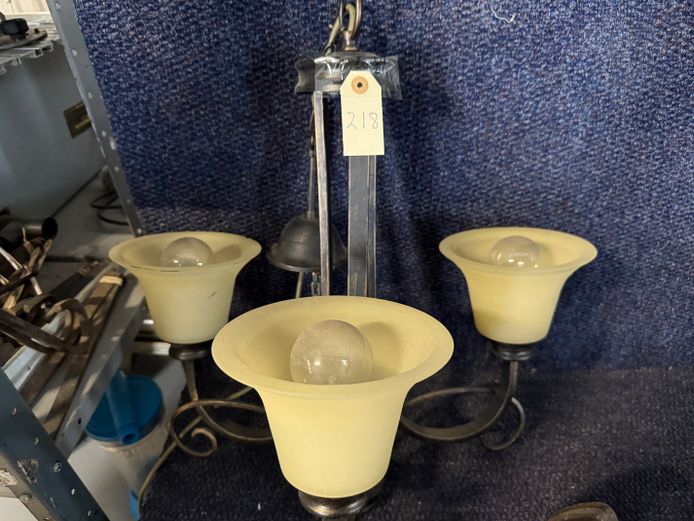 Black metal 3 bulb chandelier with frosted glass shades