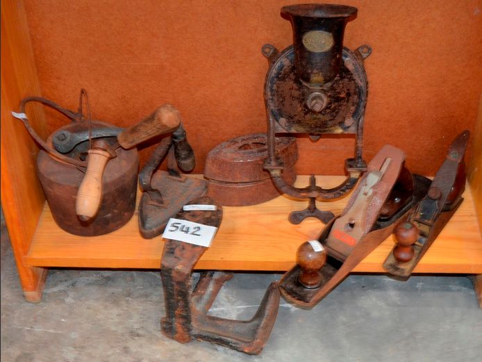 VINTAGE COFFEE GRINDER, IRONS, PLANERS, etc