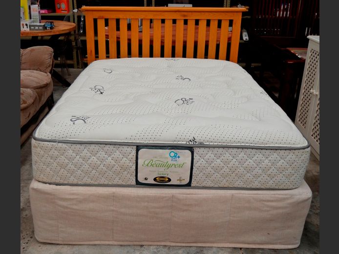 OAK DOUBLE BED WITH HEADBOARD ATTACHED, OXY PLUS MATTRESS & DUST SKIRT