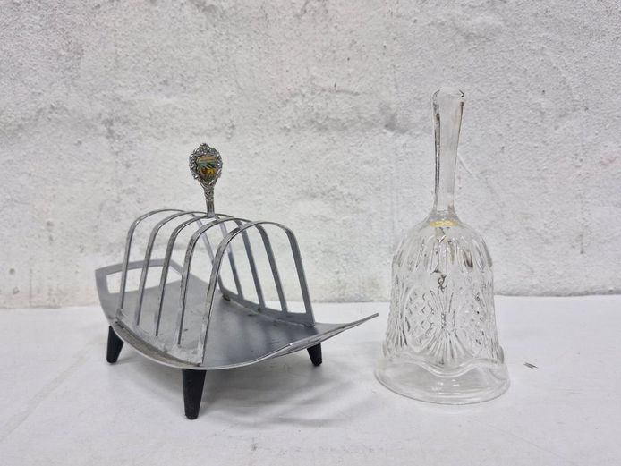 Vintage Stainless Steel Toast Rack & Cut Crystal Glass Table Bell
