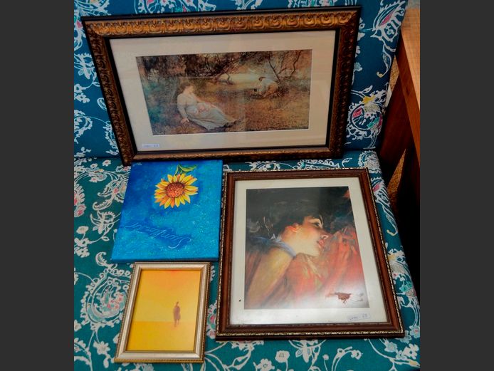 GILT FRAMED PRINT "MOTHER & CHILD", UNFRAMED SUNFLOWER PICTURE, etc