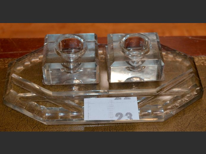 ART DECO CRYSTAL INKWELL, 28 x 15cm