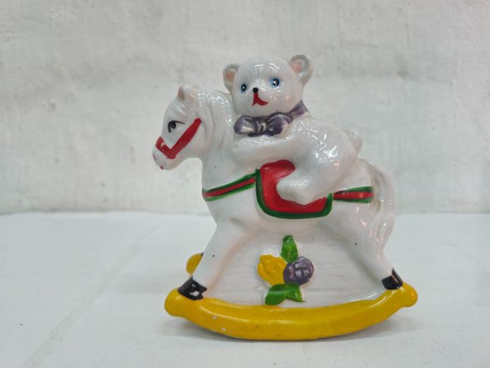 Ceramic Teddy Bear Riding Rocking Horse Figurine