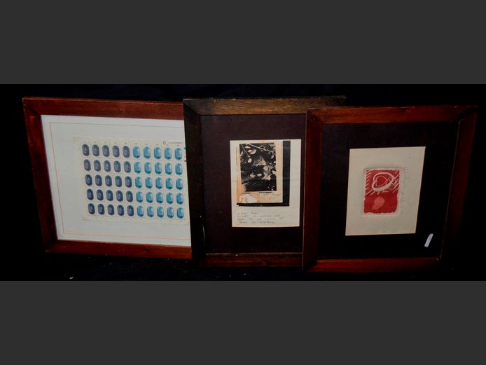 FRAMED ABSTRACT WATERCOLOUR, FRAMED STAMPS, etc
