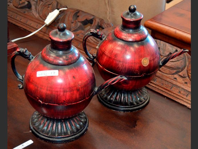 PAIR BROWN PAINTED TEAPOT ORNAMENTS, 27cm High