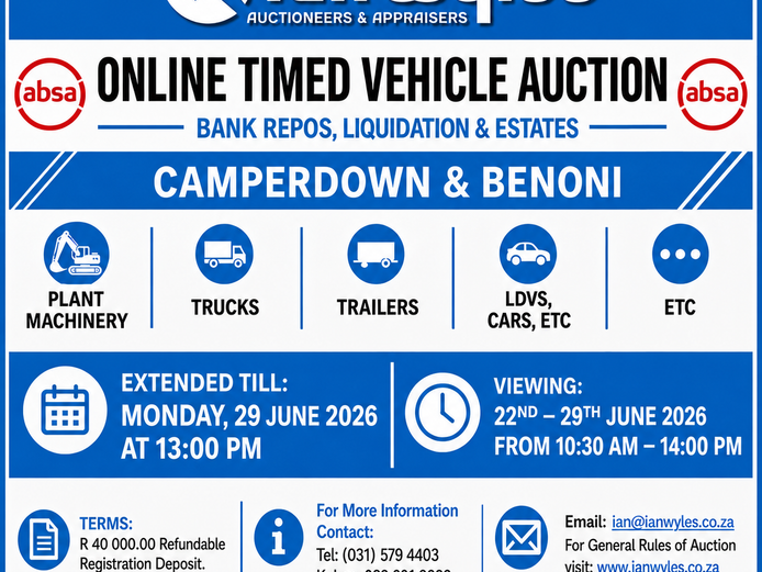 ONLINE TIMED VEHICLE AUCTION - EXTENDED TILL MONDAY, 29 JUNE 2026 @ 13:00PM 
