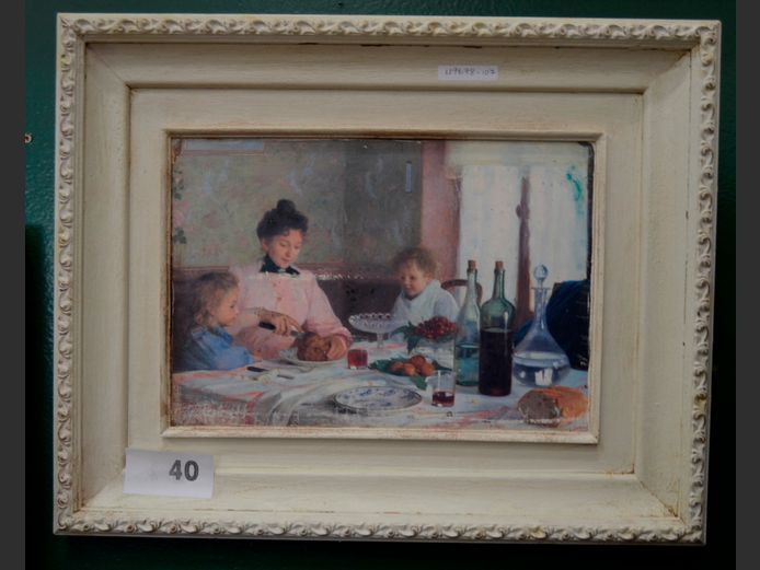 WHITE FRAMED OLEOGRAPH "MOTHER & CHILDREN", 33 x 22cm