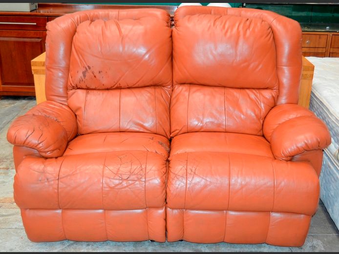 BROWN LEATHER RECLINING 2-SEATER COUCH, 160 x 90cm [Needs re-covering]