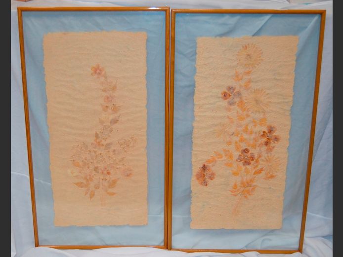 PAIR FRAMED ARTWORKS ON HANDMADE PAPER, 92 x 52cm