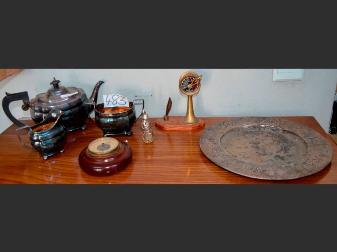 SILVER PLATE TEAPOT, MILK JUG & SUGAR BOWL, BAROMETER, etc