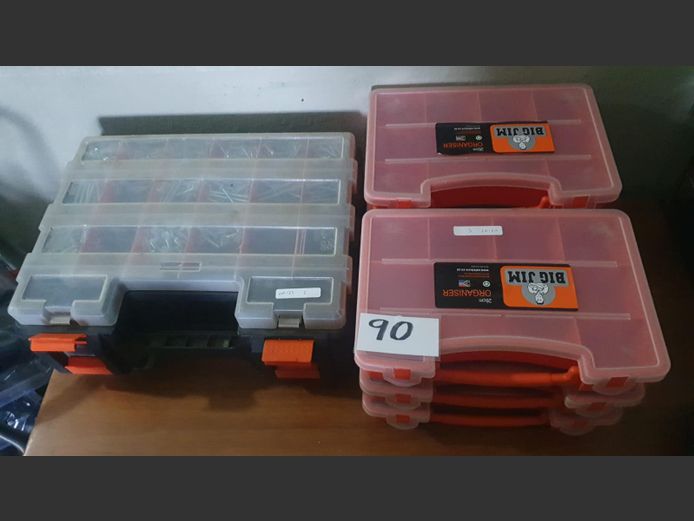 LOT: BLACK PLASTIC SORTER WITH CONTENTS & ORANGE ORGANISERS