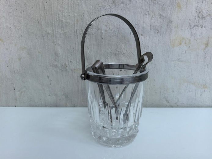 Mid-Century Modern Pressed Glass Ice Bucket & Tongs