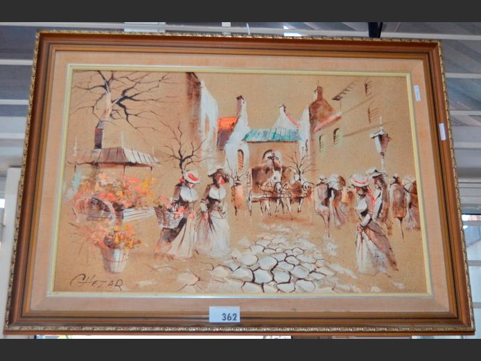 CHEZAR FRAMED OIL ON BOARD "STREET SCENE", 88.5 x 58.5cm