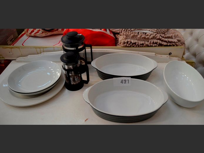 WHITE CERAMIC OVEN DISHES, 2 x FRENCH PRESSES, etc